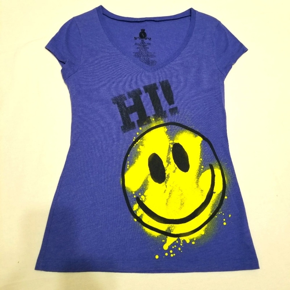 SMILEY Hi! BYE! T-shirt Womens Juniors M/M 7/9 Cap Sleeve Tee Blue